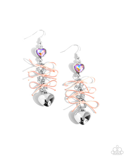 K-Pop Keepsake - Orange UV Rhinestone Heart & Bows Silver Fishhook Earrings - Paparazzi Accessories