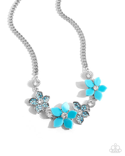 Bouquet Ballad - Blue Iridescent Rhinestone Acrylic Flowers Silver Necklace - Paparazzi Accessories
