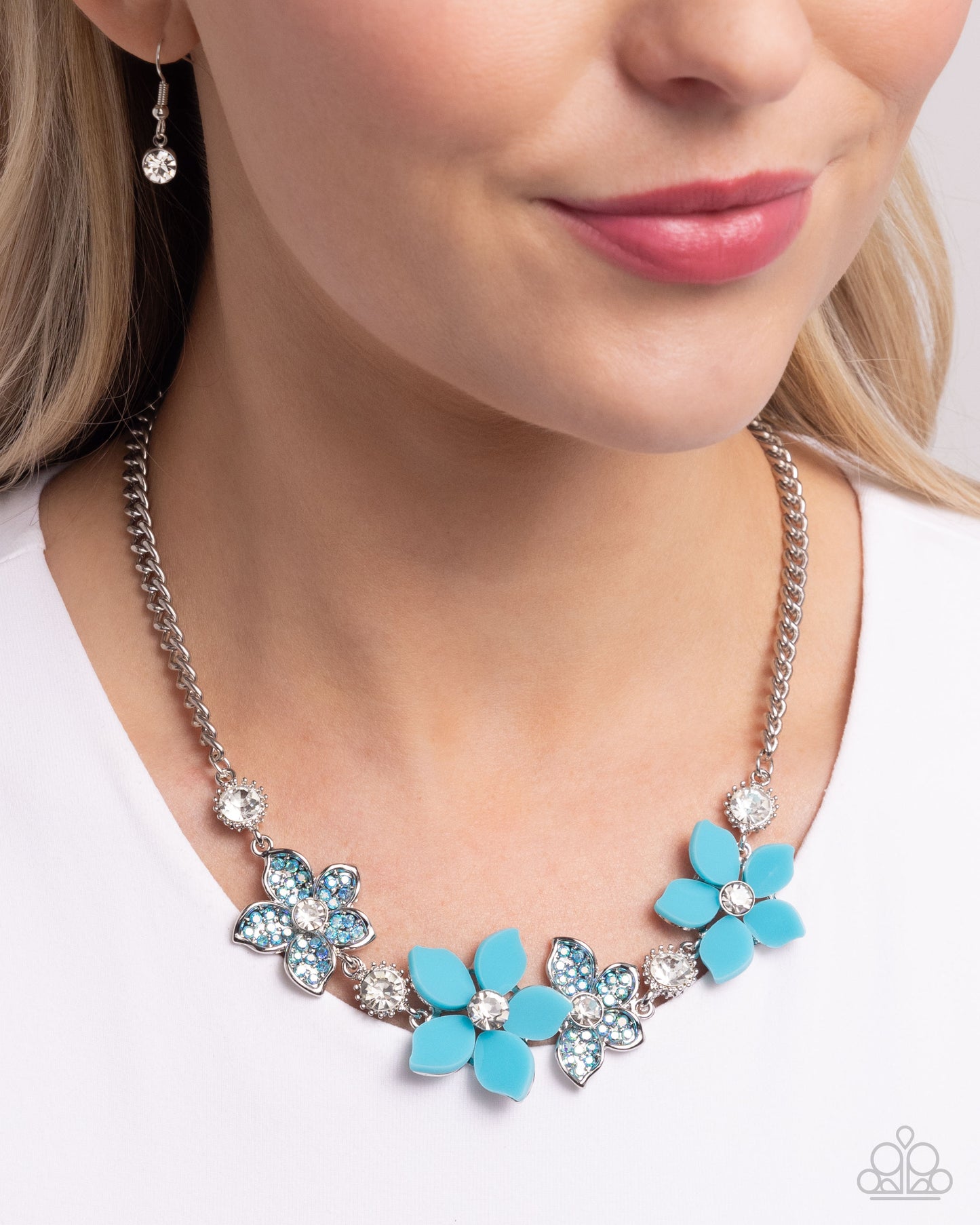 Bouquet Ballad - Blue Iridescent Rhinestone Acrylic Flowers Silver Necklace - Paparazzi Accessories