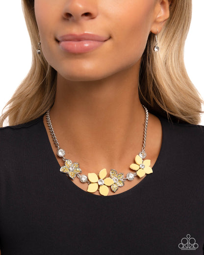 Bouquet Ballad - Yellow Iridescent Rhinestone Acrylic Flowers Silver Necklace - Paparazzi Accessories