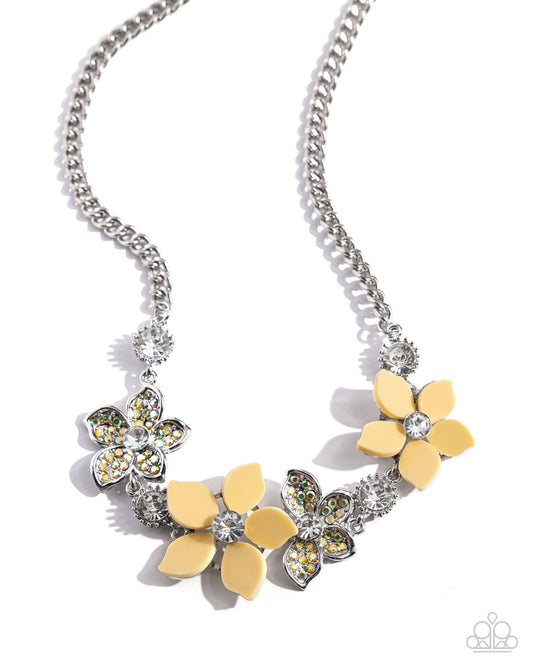 Bouquet Ballad - Yellow Iridescent Rhinestone Acrylic Flowers Silver Necklace - Paparazzi Accessories