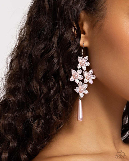 Vintage Veining - Pink Pearl Flower Fishhook Earrings - Paparazzi Accessories