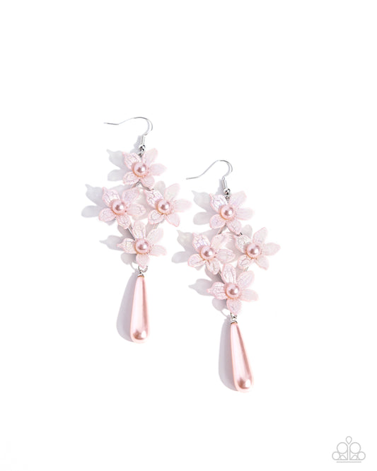 Vintage Veining - Pink Pearl Flower Fishhook Earrings - Paparazzi Accessories