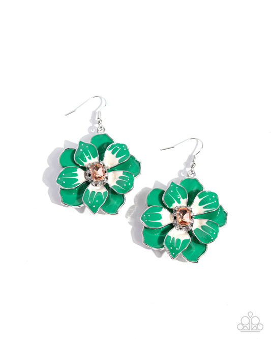 Tropical Treasure - Green Enamel Flower Fishhook Earrings - Paparazzi Accessories