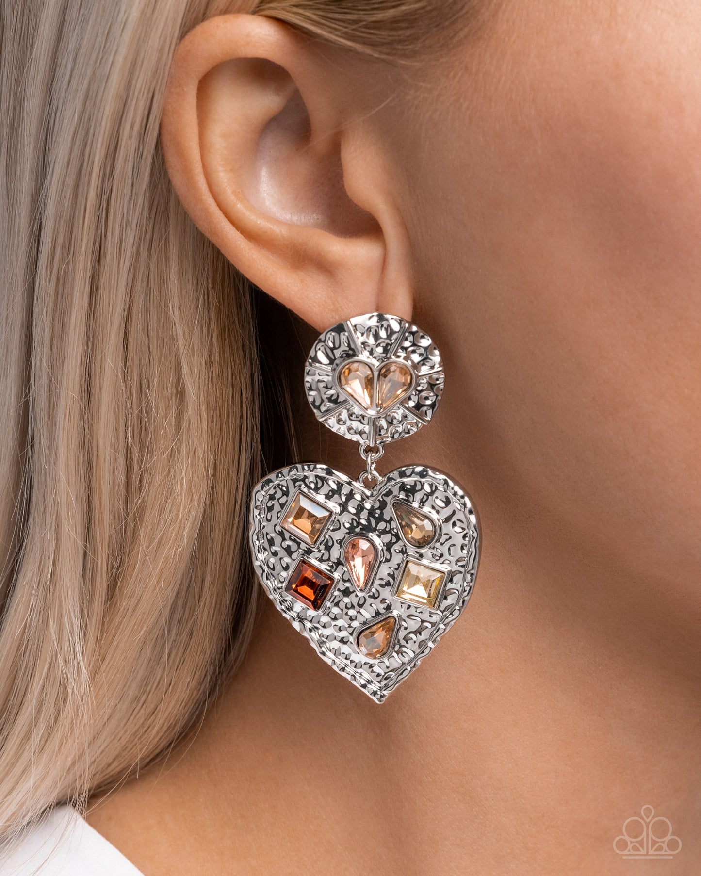 Antiqued Allure - Brown Rhinestone Heart Post Earrings - Paparazzi Accessories