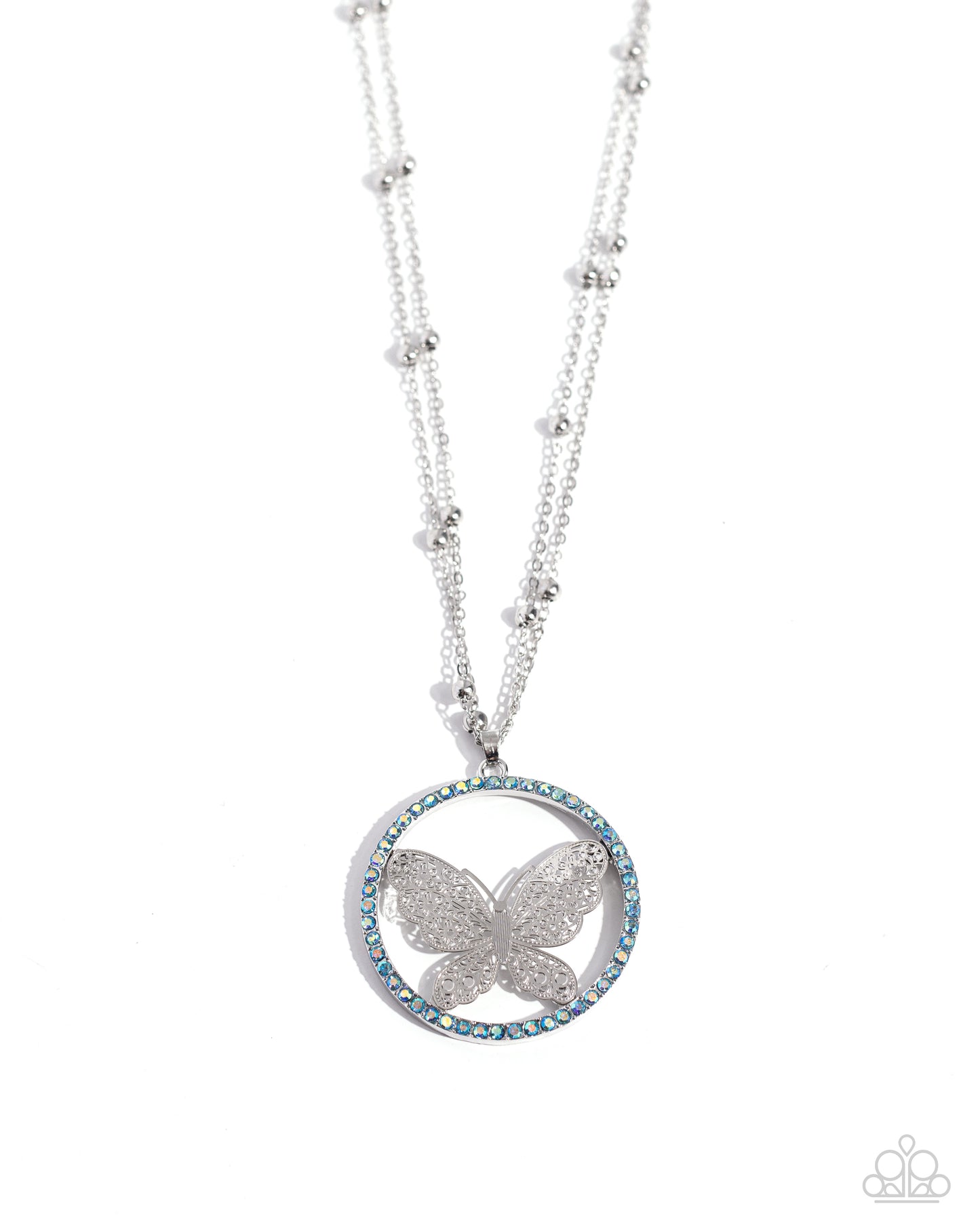 Festive Flight - Blue Iridescent Rhinestone Butterfly Pendant Necklace - Paparazzi Accessories