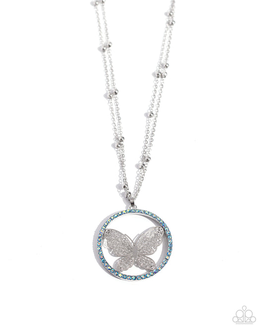 Festive Flight - Blue Iridescent Rhinestone Butterfly Pendant Necklace - Paparazzi Accessories