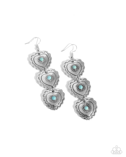 Vintage Allure - Blue Crackle Stone Bead Silver Heart Fishhook Earrings