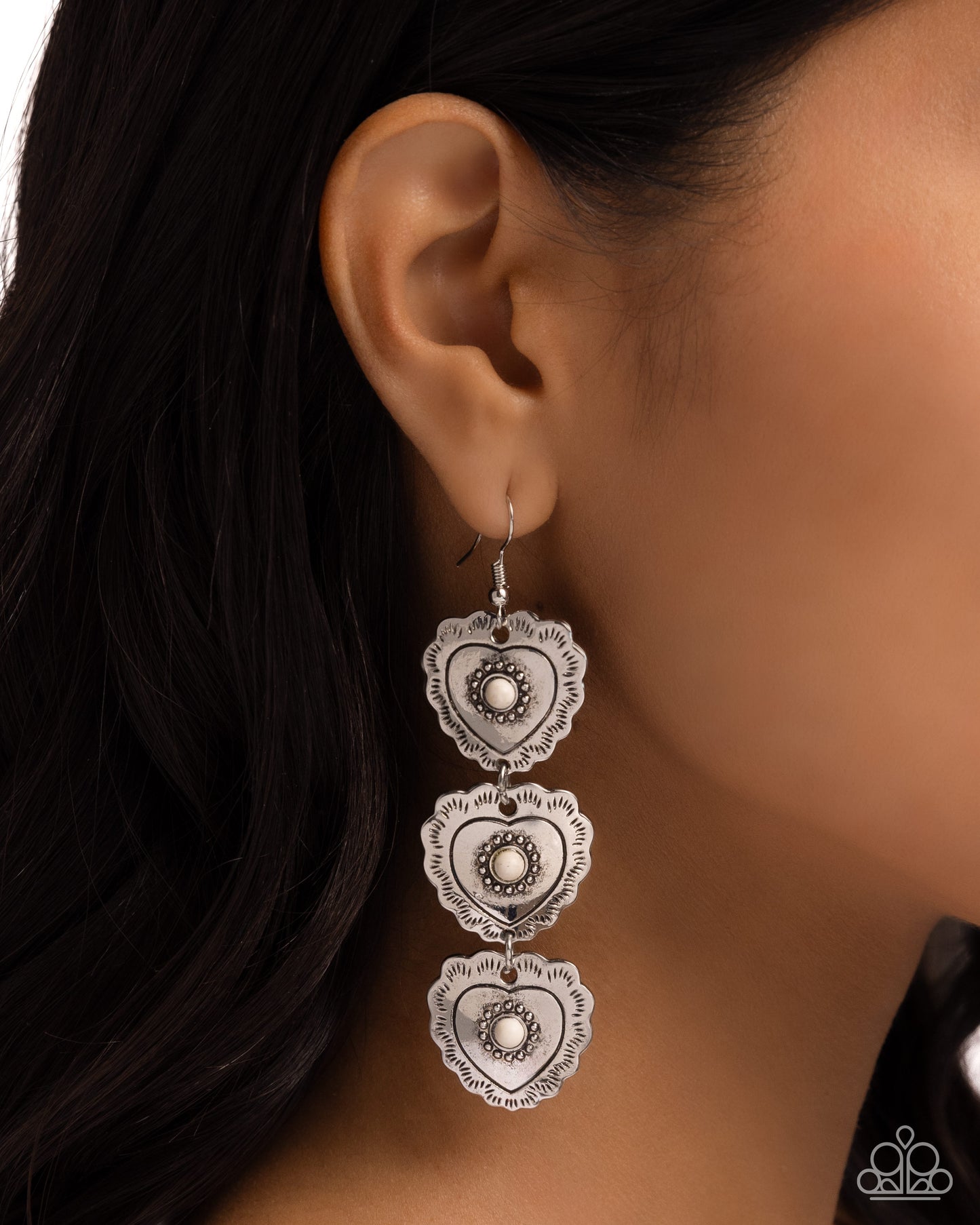 Vintage Allure - White Crackle Stone Bead Silver Heart Fishhook Earrings - Paparazzi Accessories