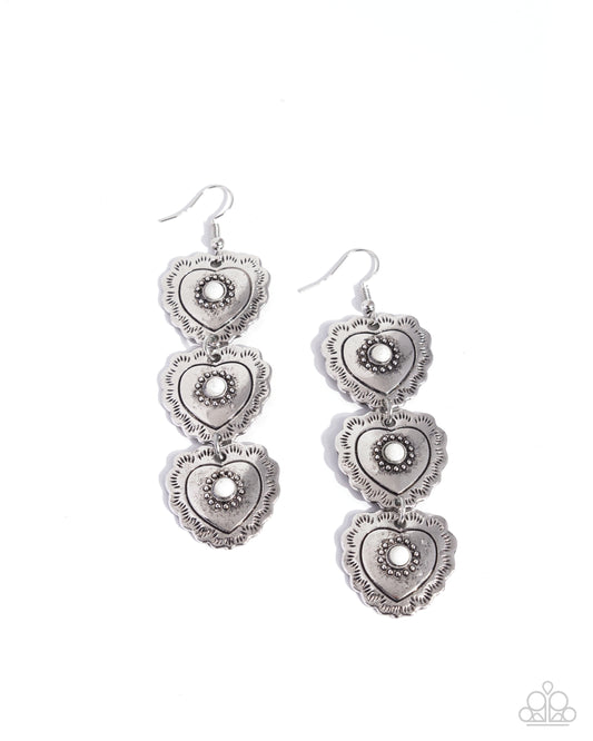 Vintage Allure - White Crackle Stone Bead Silver Heart Fishhook Earrings - Paparazzi Accessories