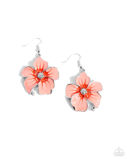 Floral Flavor - Orange Enamel Flower Silver Fishhook Earrings - Paparazzi Accessories