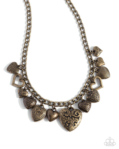 Heart Hangout - Brass Filigree Charm Necklace - Paparazzi Accessories