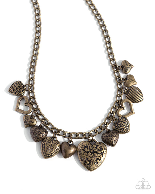 Heart Hangout - Brass Filigree Charm Necklace - Paparazzi Accessories