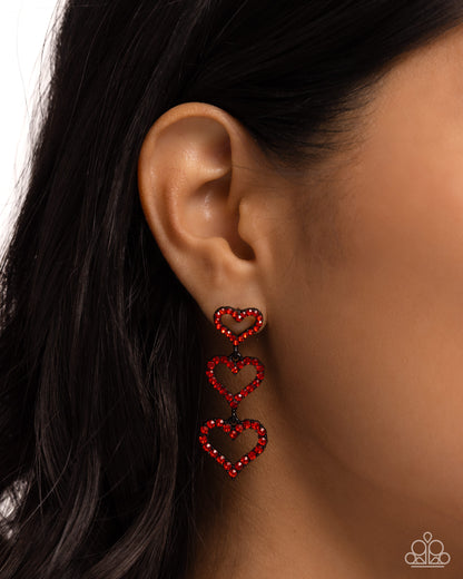 Sweetheart Succession - Red Rhinestone & Black Dipped Metal Post Earrings - Paparazzi Accessories