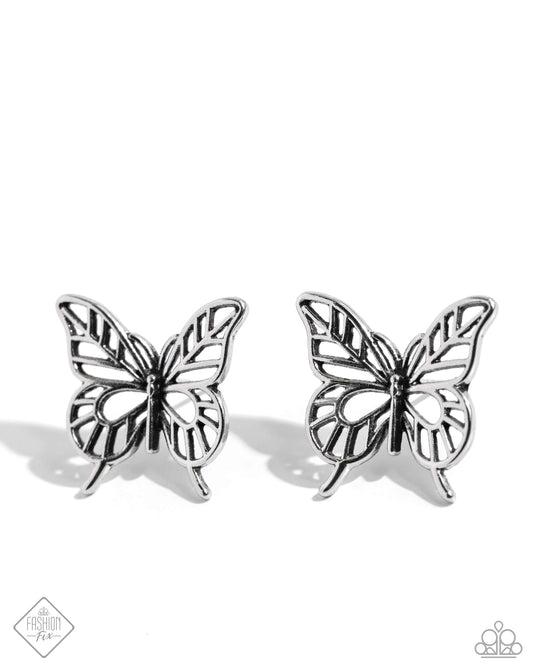 High and FLIGHTY - Silver Butterfly Post Earrings - Paparazzi Accessories