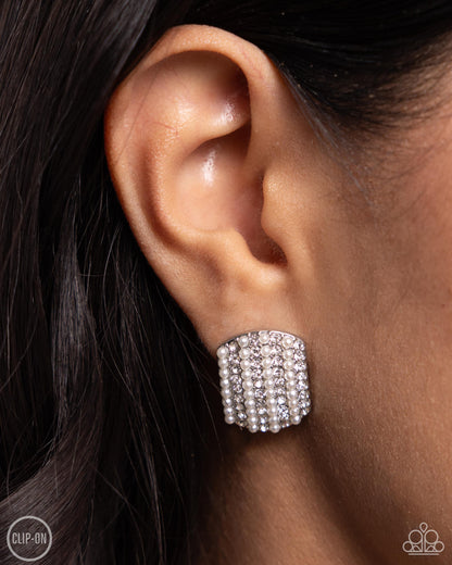Glittering Generosity - White Rhinestone & Pearl Clip-on Earrings - Paparazzi Accessories