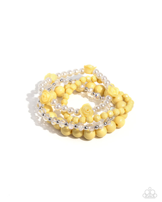 Rosy Retrospection - Yellow Rosette Beads Stretchy Bracelets - Paparazzi Accessories