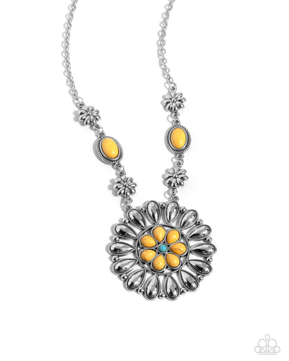 Ornate Opinion - Yellow Stone Silver Flower Pendant Necklace - Paparazzi Accessories