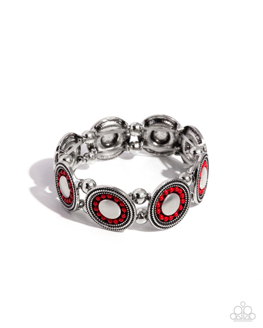 Pendant Paladin - Red Bead Silver Discs Stretchy Bracelet - Paparazzi Accessories