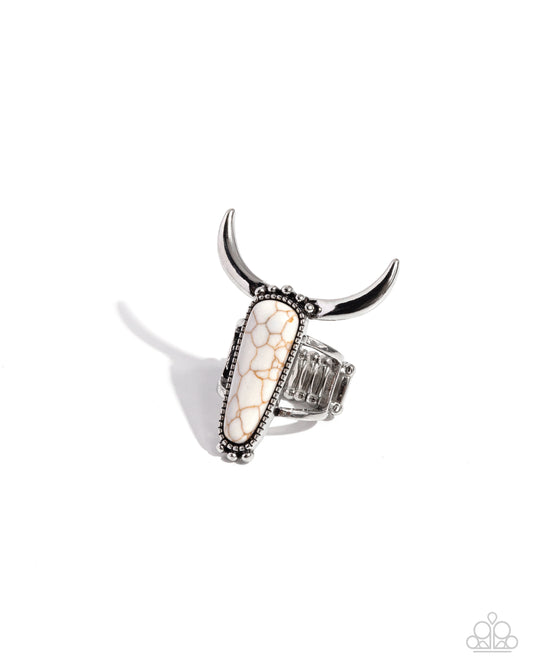 Longhorn Luxe - White Crackle Stone Skull Ring - Paparazzi Accessories