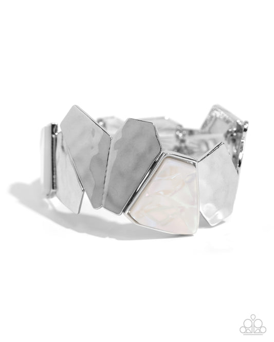 Mismatched Marvel - White Brushed Acrylic & Hammered Silver Stretchy Bracelet - Paparazzi Accessories