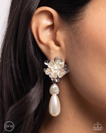 Esteemed Elite - White Pearl Flower Clip-on Earrings - Paparazzi Accessories