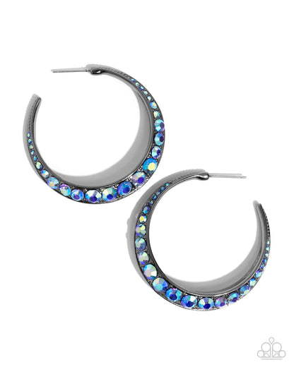 Embedded Edge - Blue Iridescent Rhinestone Gunmetal Hoop Earrings - Paparazzi Accessories