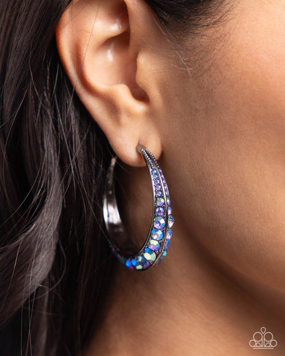 Embedded Edge - Blue Iridescent Rhinestone Gunmetal Hoop Earrings - Paparazzi Accessories