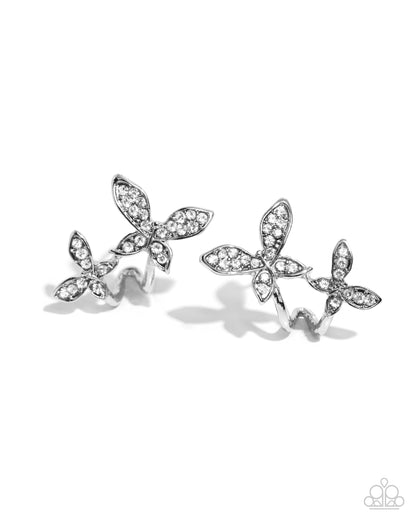 Adorably Aerial - White Rhinestone Butterfly "Hoop" Earrings - Paparazzi Accessories