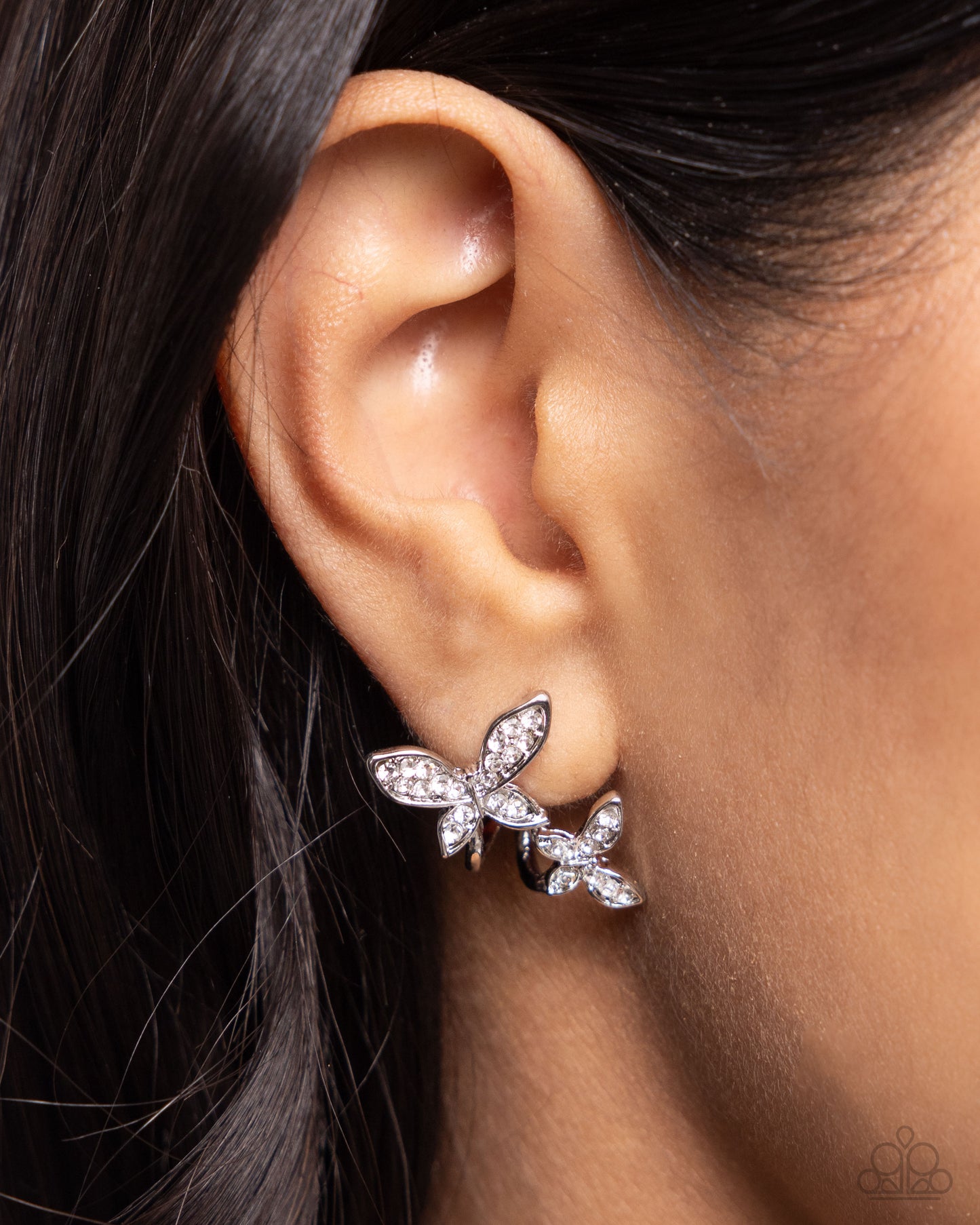 Adorably Aerial - White Rhinestone Butterfly "Hoop" Earrings - Paparazzi Accessories