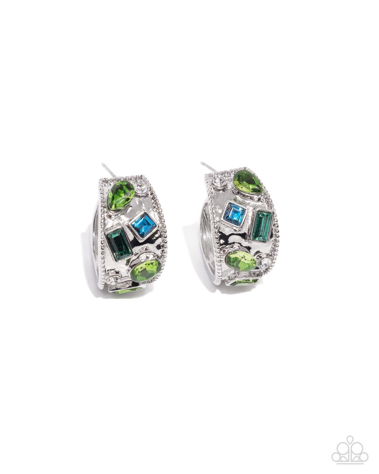 Antique Dealer - Green Rhinestone Silver Hoop Earrings - Paparazzi Accessories