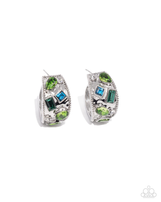 Antique Dealer - Green Rhinestone Silver Hoop Earrings - Paparazzi Accessories