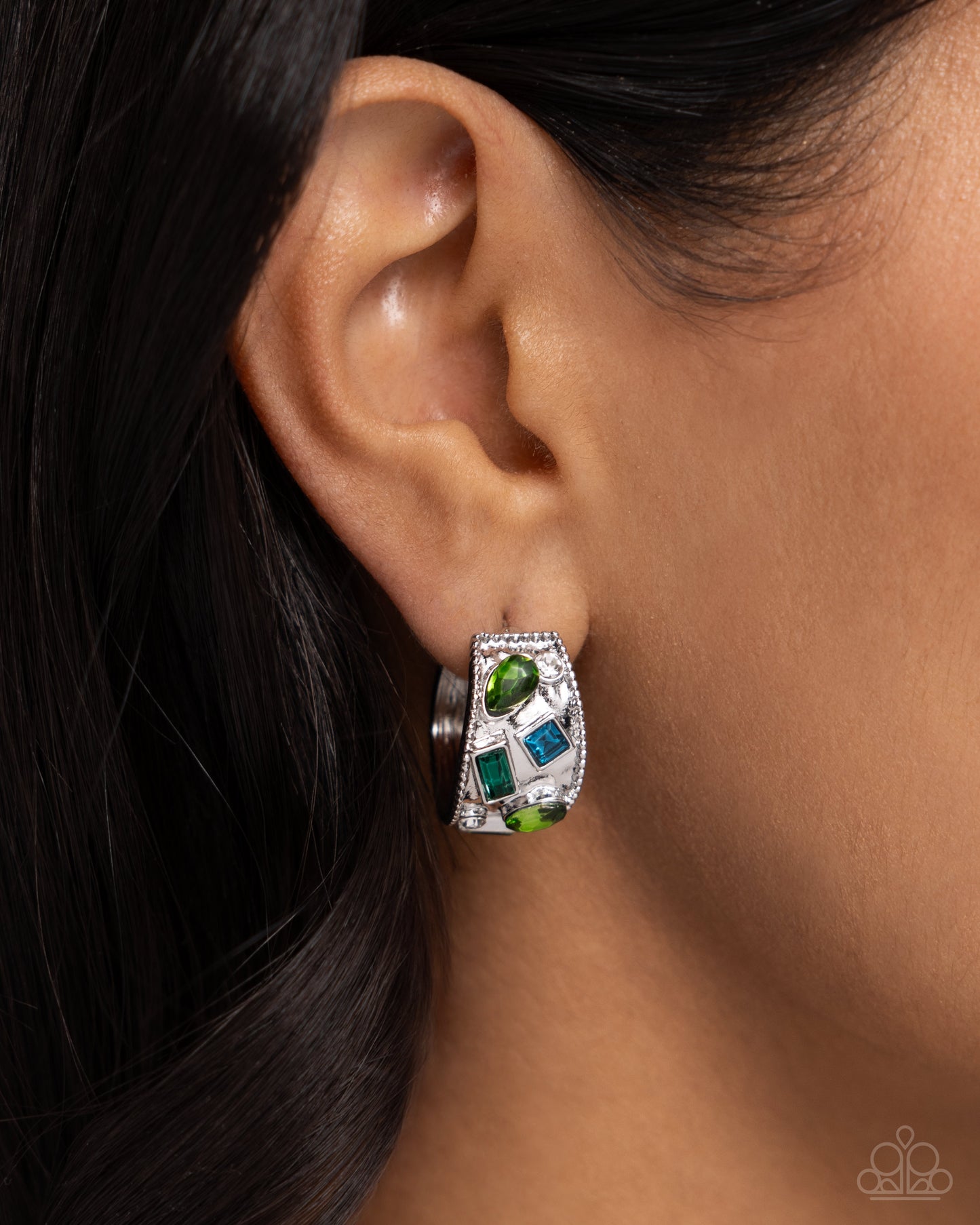 Antique Dealer - Green Rhinestone Silver Hoop Earrings - Paparazzi Accessories