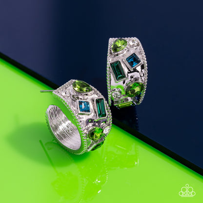 Antique Dealer - Green Rhinestone Silver Hoop Earrings - Paparazzi Accessories