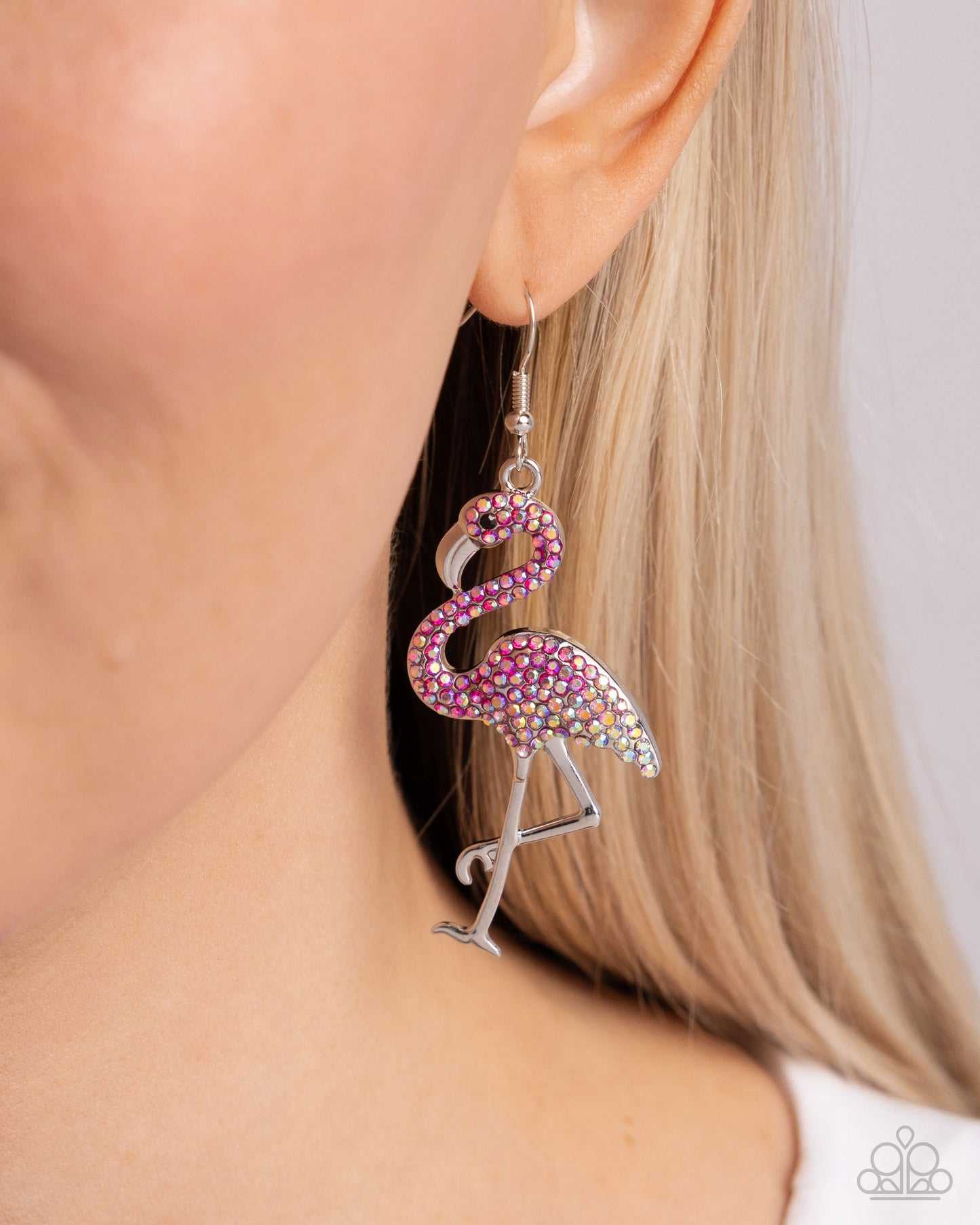 Flamingo Flourish - Pink Iridescent Rhinestone Silver Fishhook Earrings - Paparazzi Accessories