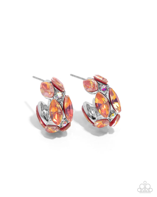Dazzling Destiny - Orange Iridescent Marquise Rhinestone Hoop Earrings - Paparazzi Accessories