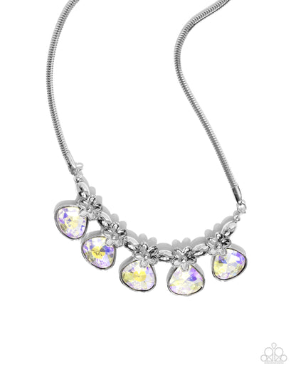 Teardrop Tribute - Yellow UV Shimmer Rhinestone Silver Studded Flower Necklace - Paparazzi Accessories