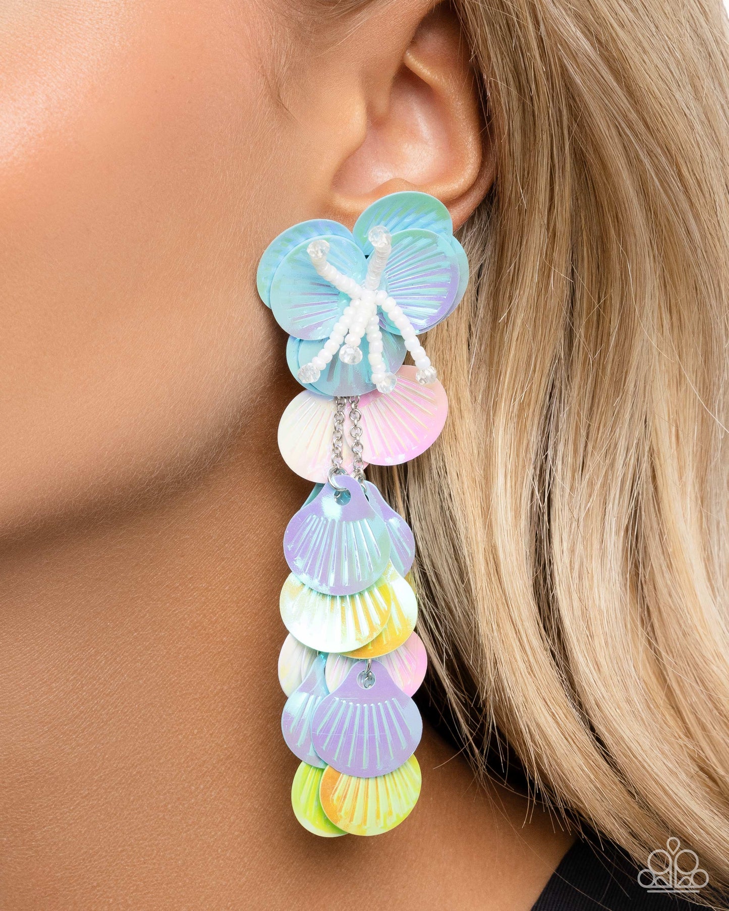 Under the Waves - Blue Sequin Seashell Post Earrings - Paparazzi Accessories