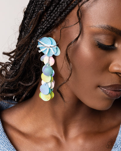 Under the Waves - Blue Sequin Seashell Post Earrings - Paparazzi Accessories