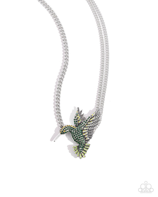 Hummingbird Headline - Green Iridescent Rhinestone Necklace - Paparazzi Accessories