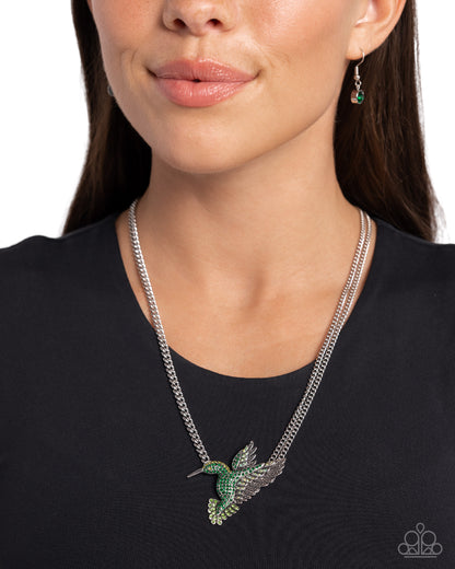 Hummingbird Headline - Green Iridescent Rhinestone Necklace - Paparazzi Accessories