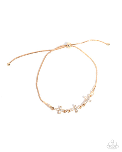Holy Order - Gold Crosses White Rhinestone Sliding Bead Closure Bracelet - Paparazzi Accessories