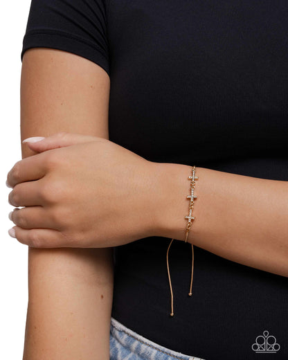 Holy Order - Gold Crosses White Rhinestone Sliding Bead Closure Bracelet - Paparazzi Accessories