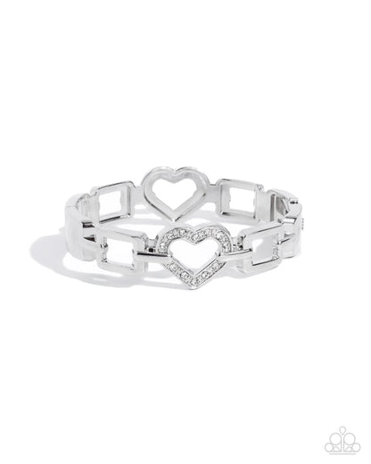 Flashy Fondness - White Rhinestone Heart Silver Hinge Bracelet - Paparazzi Accessories