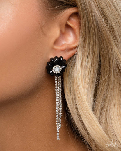 Floral Fuel - Black Flower Rhinestone Fringe Post Earrings - Paparazzi Accessories