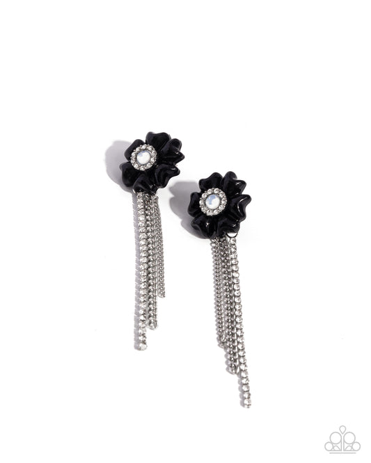 Floral Fuel - Black Flower Rhinestone Fringe Post Earrings - Paparazzi Accessories