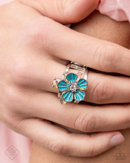 Hamptons Holiday - Blue painted silver flower ring - Paparazzi Accessories