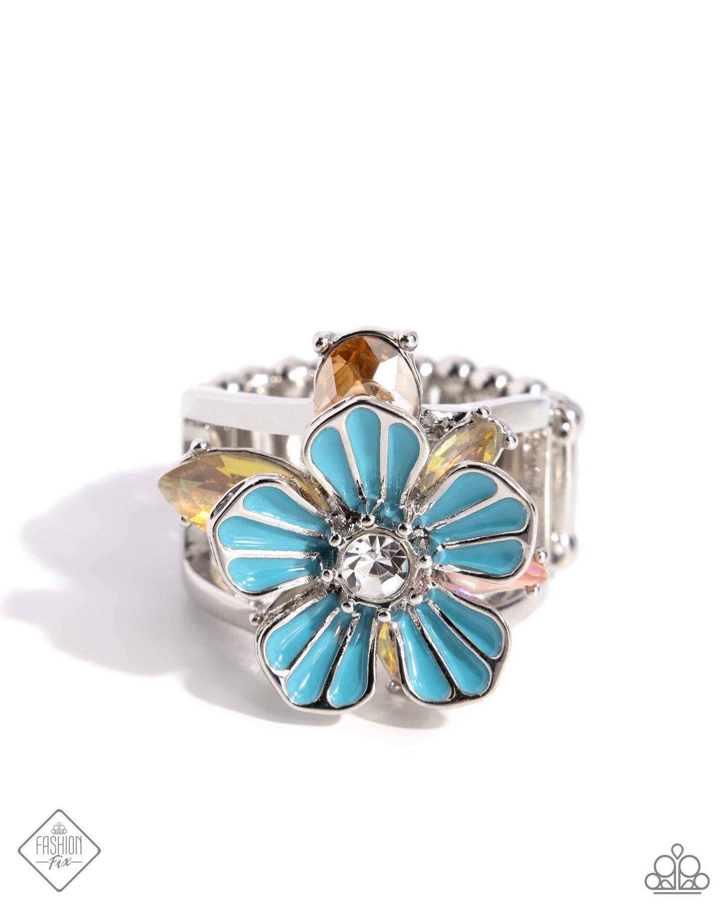 Hamptons Holiday - Blue painted silver flower ring - Paparazzi Accessories