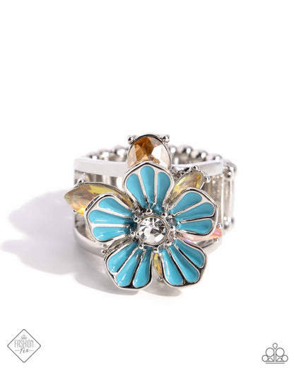Hamptons Holiday - Blue painted silver flower ring - Paparazzi Accessories