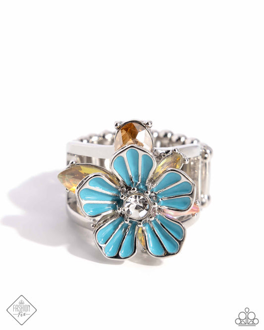 Hamptons Holiday - Blue painted silver flower ring - Paparazzi Accessories